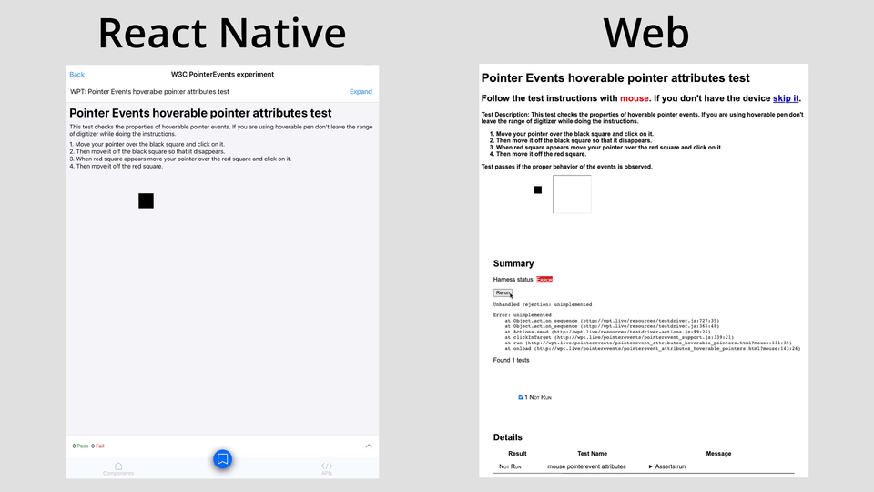 GIF showing a side by side comparison of the "Pointer Events hoverable pointer attributes test" running in React Native (iOS) on the left, and Web (the original implementation) on the right.